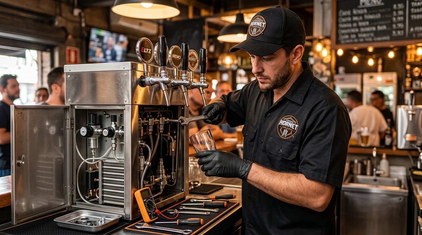 Técnico realizando manutenção técnica em chopeira de inox Hornet Bier